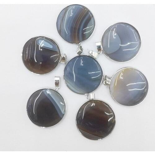 1pc Natural Gray Agates Stone Round Oval Shape Metal Edging Pendant Chain Charms Jewelry Making DIY Necklace Accessories Wicca
