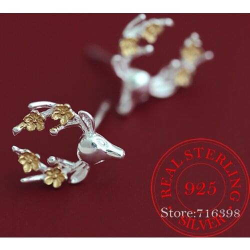 100% 925 Sterling Silver Prevent Allergy Animal Deer Stud Earrings for Women Wedding Flower Earrings Jewelry Gift brincos