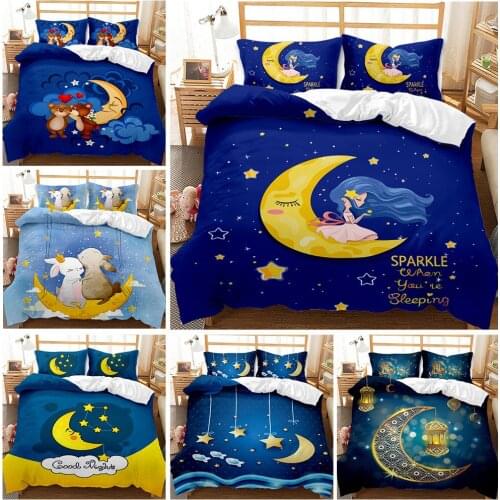 Cartoon Moon Prints Duvet Cover 3pcs Bedding Set Goodnight Stars Quilt Cover Queen King Size Comforter Cover Home Bedclothes