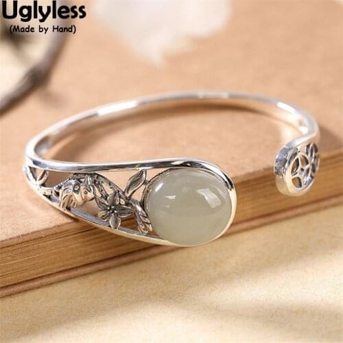Uglyless Asymmetric Vintage Ethnic Jewelry for Women Asymmetric Open Bangles Thai Silver Flowers 925 Silver Bangles Jade Bijoux