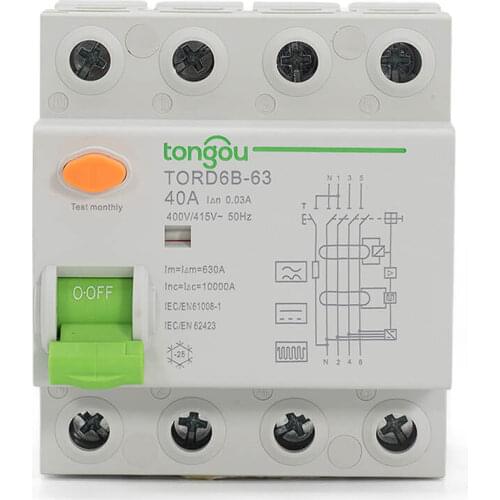 4P RCD10KA 30mA TypeB RCCB DC 230V/400V 63Amp Residual Current Circuit Breaker for Electric Vehicle EV Charging Pile ELCB