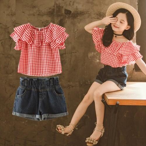 Children Summer Clothes Plaid Ruffle Tops + Denim Shorts Boutique Kids Clothing Cotton Baby Blue Jeans Short Sets For Teen Girls