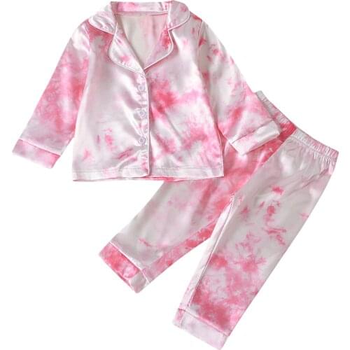 Baby Children Girls Boys Tie Dye Print Ice Silk Satin Pajamas Sets Long Sleeve Top Pants Infant Toddler Sleepwear Nightwear 1-7Y