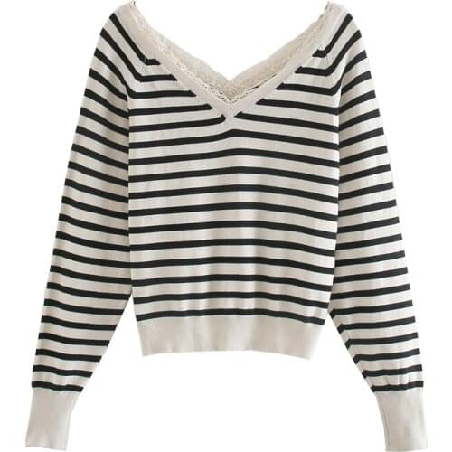 Elegant Women Lace V-Neck Sweaters 2021 Fashion Ladies Chic Knitted Tops Streetwear Female Causal Puff Sleeve Loose Pullovers