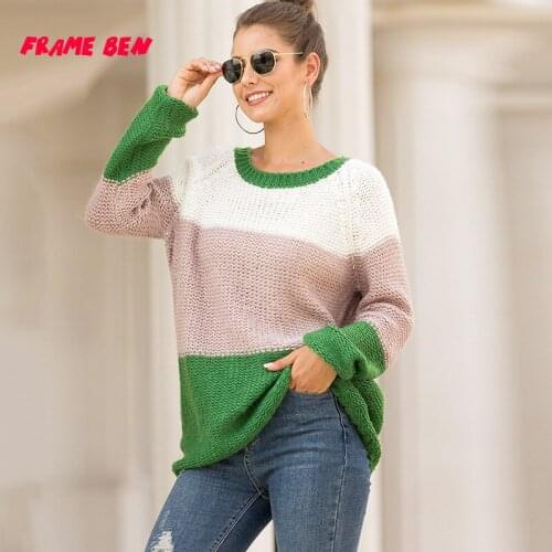 FRAME BEN Women Sweaters 2019 Womens Casual Loose Long Sleeve O Neck Patchwork Sweater Jumper Plus Size