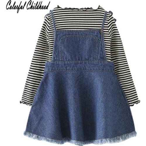 Toddler Kids Girls Clothes Set Long Sleeve Stripe Shirt+Denim Sling Dress Outfit Girl boutique Clothes vetement enfant fille