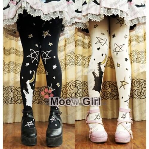 Kawaii Womens Wolf Moon Stars Lolita Tights Pantyhose Cute Rubber Printing 120D Good Quality