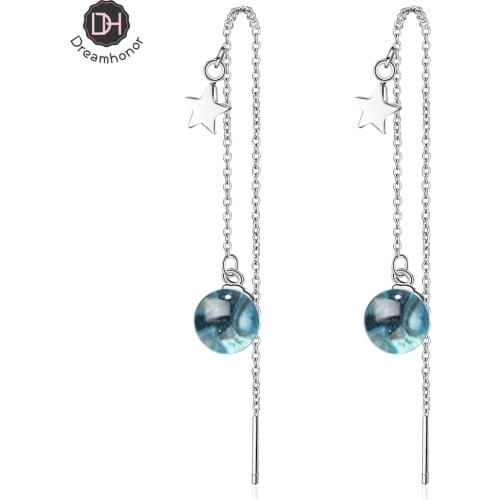 Dreamhonor 925 Sterling Silver Long Ear Line Earrings Simple Blue Stone Earrings Women Jewelry Wholesale