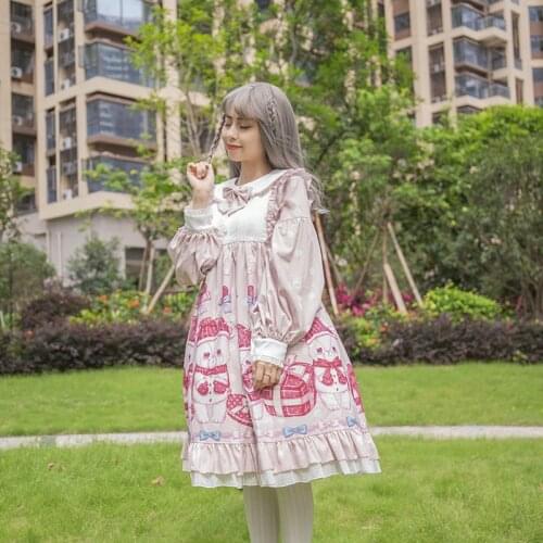 Royal fairy japanese style soft sister lolita dress female mori girls Shirayuki cartoon pattern printed gown dress F1306