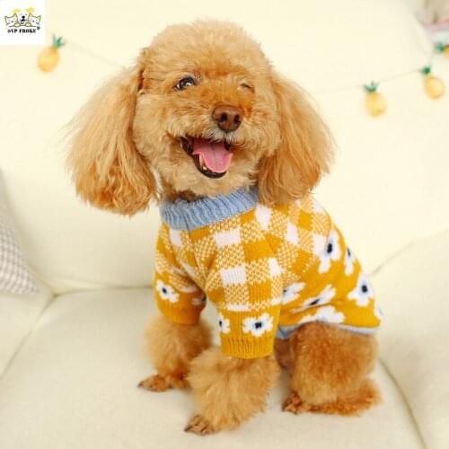 Pet Puppy Dog Cat Autumn And Winter New Teddy Bichon Hiromi Clothes Red And White Grid Turmeric Rose Flower Sweater