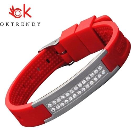 OKtrendy Stainless Steel Bracelet Men Wrist Band Red Silicone Sport Wristband Bangle Magnetic Health Weight Loss Power Bracelets