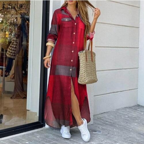 2021 Autumn Vintage Ladies Long Sleeve Vestidos ZANZEA Women Maxi Shirt Dress Fashion Casual Plaid Robe Longue Plus Size 5XL