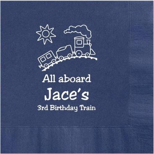Personalized Napkins Childs Train Choo Choo All Aboard Birthday Party Custom Printed Monogram Beverage Luncheon Dinner Towel