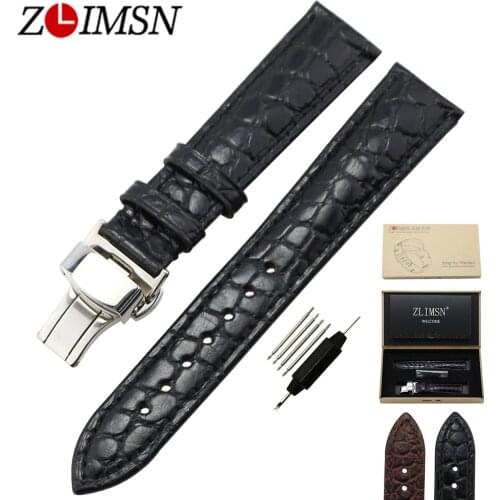 ZLIMSN 18mm 20mm Crocodile Grain Genuine Leather Watch Bands Replacement Black Brown Automatic Butterfly Buckle Wrist Belt