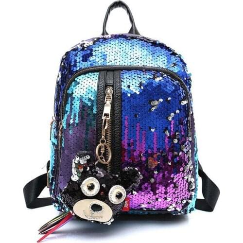 BENVICHED Women Glitter Sequins Backpack New Teenage Girls Fashion Bling Rucksack Students Cute Pendant School Bag Mochilas D37
