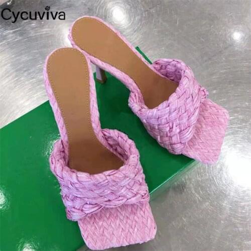 Designer Cane Women Slippers Summer High Heel Slides Square Open Toe Brand Party Shoes Woman Runway Sandalias Mujer 2021