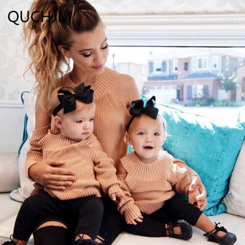 Family Autumn Winter Mom Daughter Family Matching Clothes Off shoulder Long Sleeve Knitwear Sweater Pullover Autumn Winter Top