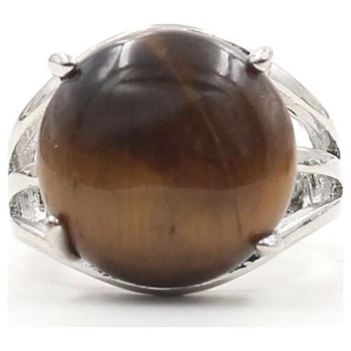 YJXP Silver Plated Natural Tiger Eye Stone Round Adjustable Rings For Anniversary Charm Jewelry