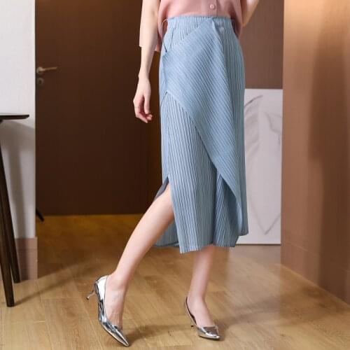 Irregular Split Fork Pocket Midi Skirt Women Elastic High Waist Solid Color Casual Miyak Pleated Ladies Slim Straight Skirts