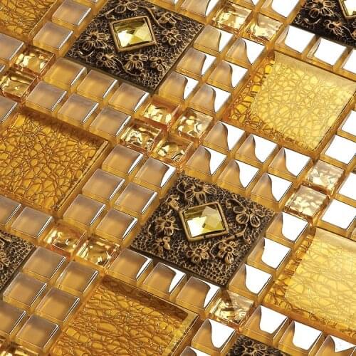 Yellow color crystal glass mixed diamond mosaic tiles for kitchen backsplash tile bathroom shower fireplace