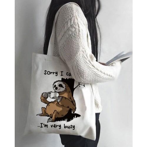 Women Cartoon Sloth Print Shopping Bag Tote Eco Handbag Tumblr Graphic Students College Style Simple Casual Shoulder Bags