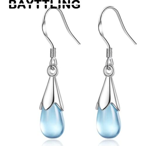 BAYTTLING 925 Sterling Silver Sweet Blue Water Drop Pendant Earrings For Women Fashion Birthday Gift Jewelry