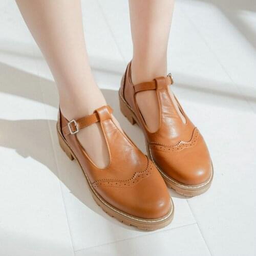 AGODOR Women Wingtip Oxford Pumps T-strap Pumps Women Shoes Square Low Heel Pumps All Match Buckle Ladies Pumps Size 34-43