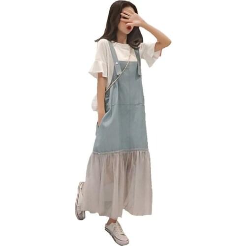 2020 Spring Summer Elegant Women Simple Short Sleeve White T-Shirt +Mesh Stitching Straps Dress Set 2pcs Suit Plus Size 4XL J119