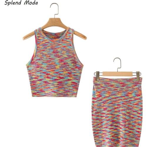 Fashion Colorful Striped Knit Vintage Set Women Autumn 2021 New Sleeveless Tank Top Sweater Pullover + High Waist Mini Skirt