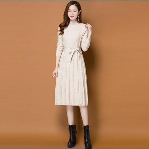 Women Knit Sweater Dress New Loose Long Sleeve Half Turtleneck Pullover Knit Long Dress Elegant Female Autumn Winter Dress K1033