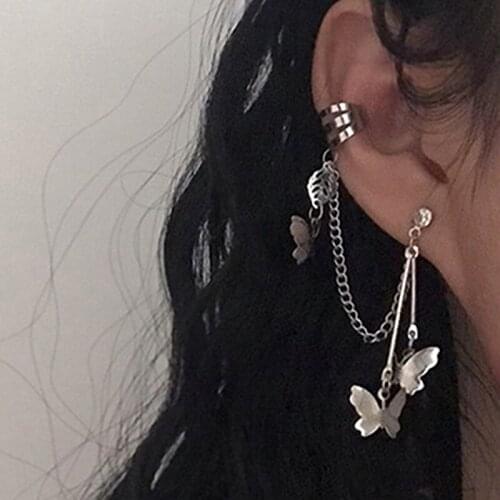 1Pcs Fashion Explosion Girl Heart Cold Wind Cool Handsome Super Fairy Butterfly Chain Earrings Ear Bone Clip Integrated Ear Jewe