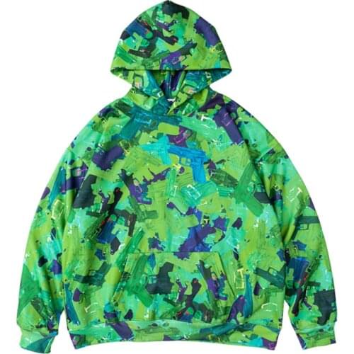2021 Kpop Painting Gun Print Green Tie Dye Mens Hip Hop Hoodies Pullover Stylish Fleece Cotton Hooded Sweatshirt Vintage Clothes