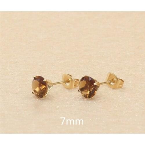 7mm AAA Round Colorful Coffee Zircons Stud Earrings With Stianless Steel Needle Brief Jewelry 20 Colors For Choose No Allergy