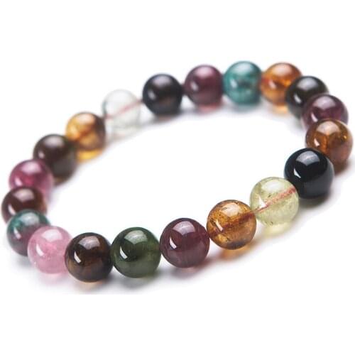 10.5mm Genuine Natural Coloful Tourmaline Gems Stone Crystal Round Bead Stretch Charm Bracelet For Women