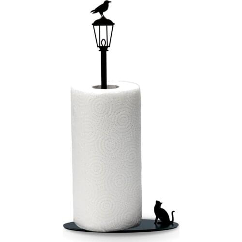 Paper Towel Holder Cat and Crow Figured, Metal Kitchen Paper Stand, Paper Towel Holder-Black
