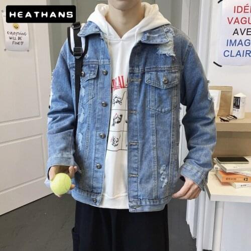 Four Seasons Jean Jackets Mens New Korean Loose Denim Jacket Mens Slim Casual Blue Hole Jackets For Male Handsome Denim Jackets