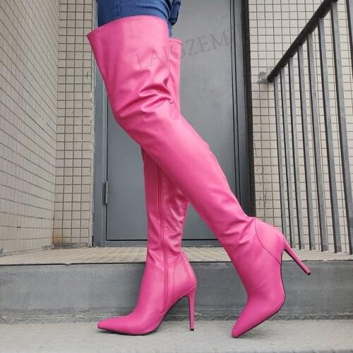 LAIGZEM FASHION Women Thigh High Boots Zip Up Stiletto High Heels Boots Over Knee Faux Leather Shoes Woman Big Size 42 44 46 47
