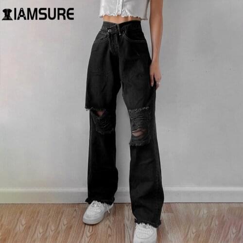 IAMSURE Cool Black High Waisted Ripped Jeans Women 2020 Winter Autumn Baggy Trousers Casual Loose Wide Leg Pants Y2K Streetwear
