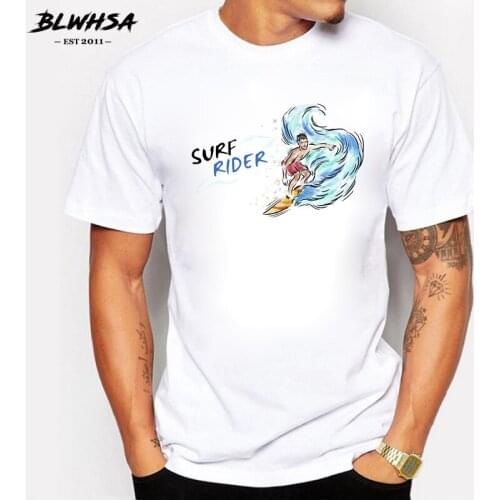 BLWHSA Short Sleeve O-neck Mens T Shirt Stimulating Challenge SurfRider Print T-shirt for Men Casual Cotton White Top Tee