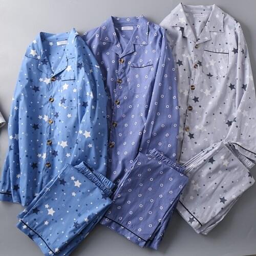 Mens Woven 100% Cotton Plus Size Pajamas Loungewear Women Pijama Mujer Long Sleeve Pyjamas Turn-down Collar Sleepwear 2-piece