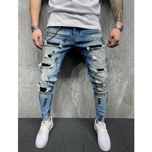 2021New Mens Paints Ripped Jeans Sweatpants Sexy Hole Pants Casual Male Skinny Trousers Slim Biker Outwears Pants European Size