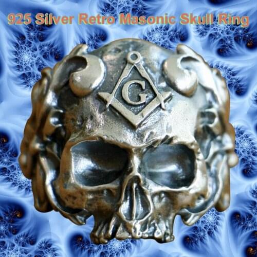 Punk Rock Retro Fashion Mens Free-Mason Decorative Pattern Ring Solid 925 Sterling Silver Masonic Skull Ring TA116 US Size 7~16
