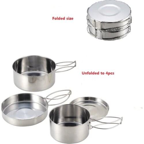 Camping cookware set 4pcs stainless steel cooking set easy to carry folding design small size carry bag