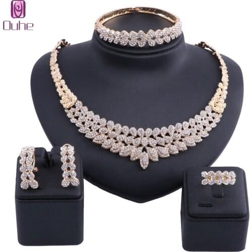 Charm Wedding Jewelry Gold Colors Crystal Rhinestones Necklace Earrings Bangle Set for Women Fashion Bridal Jewelry Sets