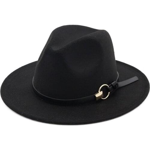 Autumn Winter wool felt hat flat brim jazz Fedoras hats with leather band panama Trilby chapeau headgear for men women unisex
