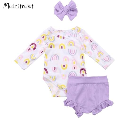 Autum Baby Girls Clothes Long Sleeve Rainbow Print Bodysuit Tops+Ruffles Shorts+Headband 3pcs Infant Clothing Casual Outfit
