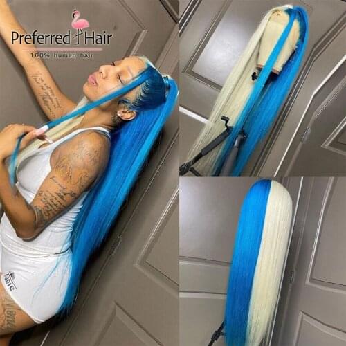 Preferred Half Blue Half Blonde Straight Lace Front Wig Pre Plucked Brazilian Remy Half Red Blonde Human Hair Wigs For Women
