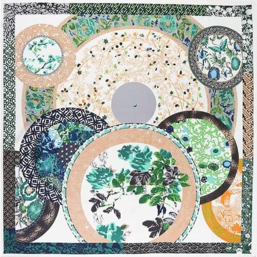 Luxury Brand Scarf Retro Blue and White Porcelain Plate 130cm Twill 100% Silk Scarf Women Square Scarves For Ladies Shawl Hijab