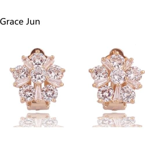 Grace Jun High-grade AAA Cubic Zircon Flower Shape Clip on Earrings for Women Bride Wedding Gorgeous Cushion No Pierced Earrings