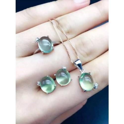 Natural green prehnite gem jewelry sets natural gemstone Pendant ring Earrings 925 silver Stylish elegant round women jewelry